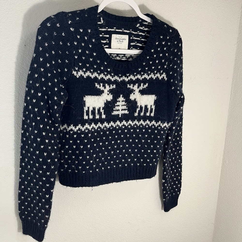 Abercrombie Fitch Sweater Womens Medium Blue Reindeer Wool Alpaca Christmas Vtg